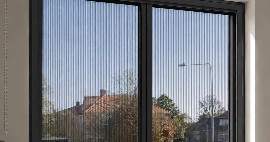 Plissé raamhor in zwart kozijn met uitzicht op een woonstraat